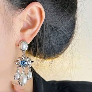 NEW! Unique Silver Plated Pearl and Blue Eye Dangle Drop Post Earrings